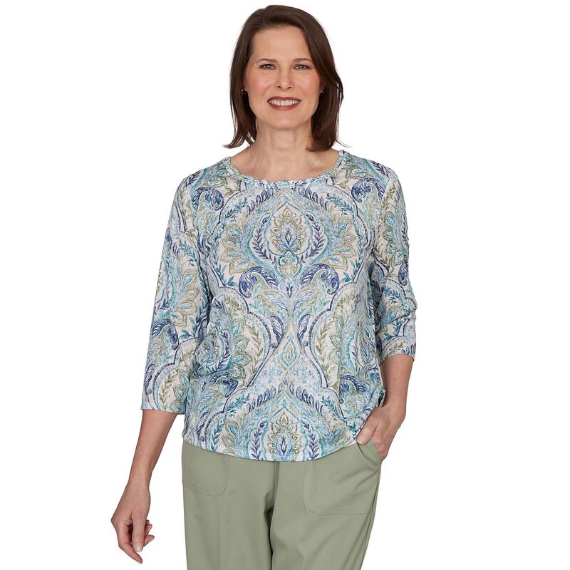 アルフレッド ダナー レディース トップス シャツ プチ プリント Petite Alfredunner Indigo Girls Medallion Print Braided Neck Top Green Multi グリーン｜ReVida 店