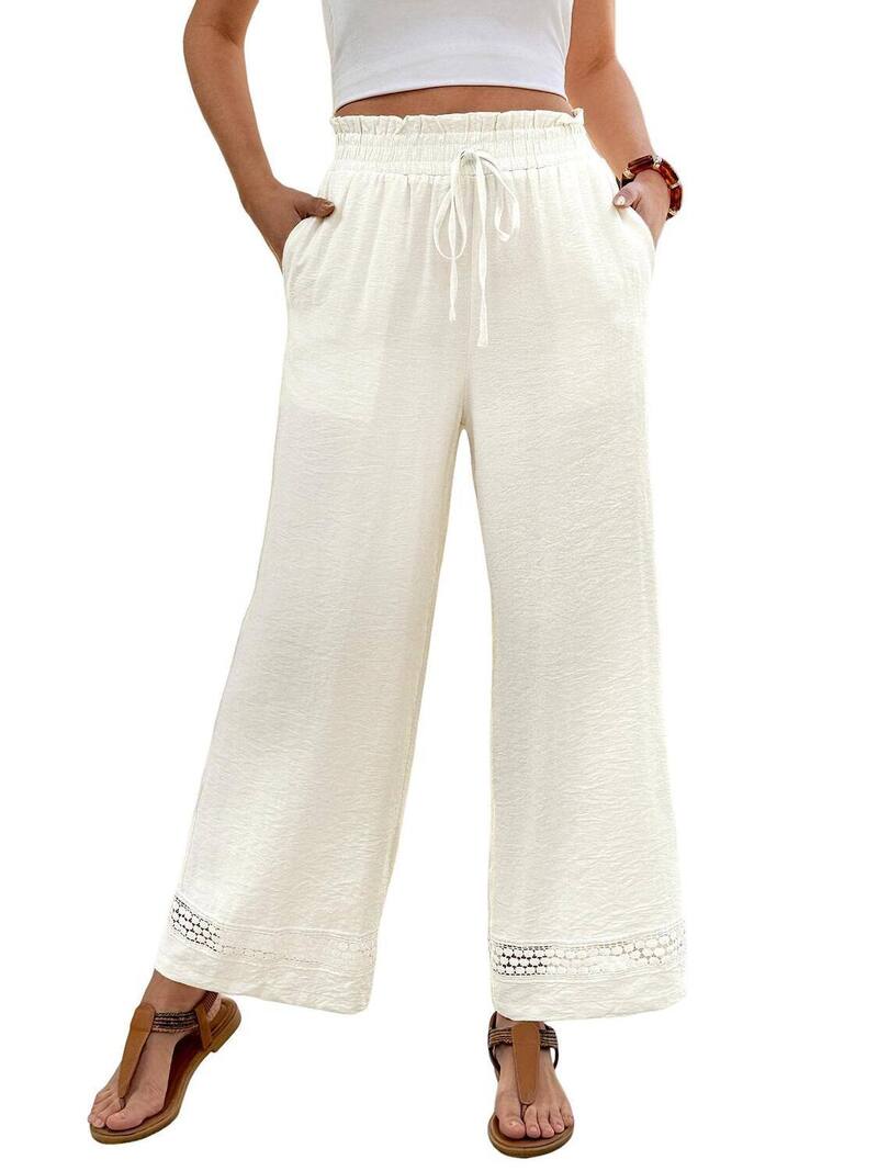 クリアラブ レディース ボトムス カジュアルパンツ ワイドレッグ レース Clearlove Women's Boho Lace Wide Leg Palazzo Pants Casual Drawstring Elastic Waist Summer Beach Vacation Pants Creamy White ホワイト|ReVida 店