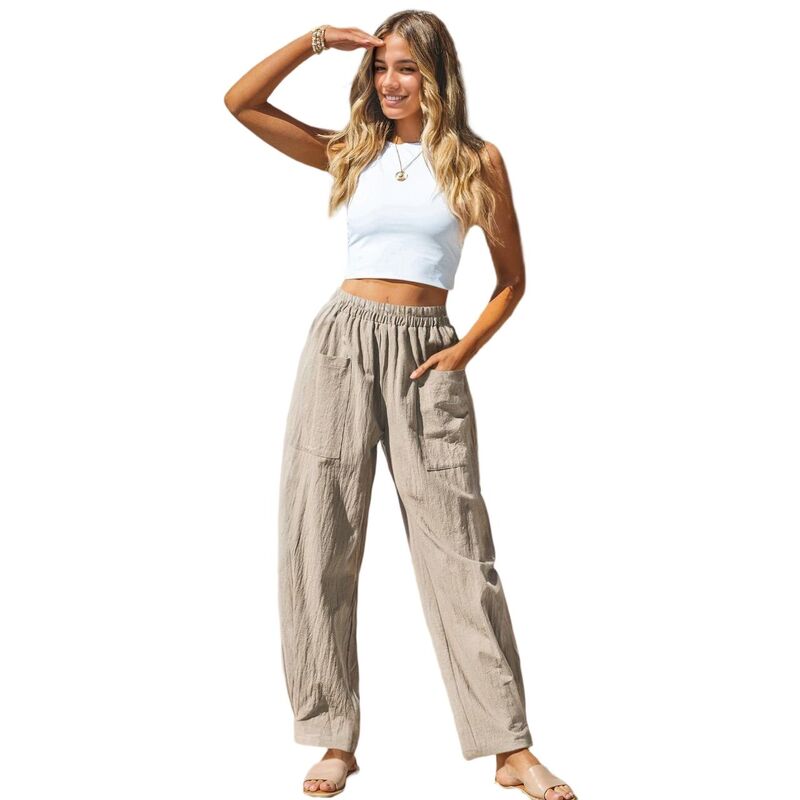 エリートスピリット レディース ボトムス カジュアルパンツ ワイドレッグ コットン リネン EliteSpirit Women Summer Beachigh Waisted Wide Leg Pants Cotton Linen Loose Casual Palazzo Lounge Trousers Beige ベージュ|ReVida 店