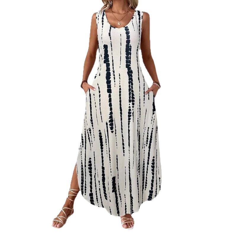 セオリア レディース トップス ワンピース Vネック ノースリーブ マキシ Seoria Women\'summer Sleeveless Maxi Dress Casual V Neck Split Long Vacation Beach Tank Dress Apricot アプリコット｜ReVida 店