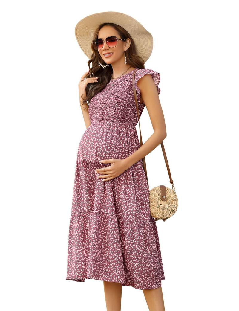 クリアラブ レディース トップス ワンピース A ライン フリル ミディ シャーリング マタニティ Clearlove Maternity Smocked Round Neck A-Line Dress Ruffle Short Sleeve Midi Pink Floral ピンク|ReVida 店