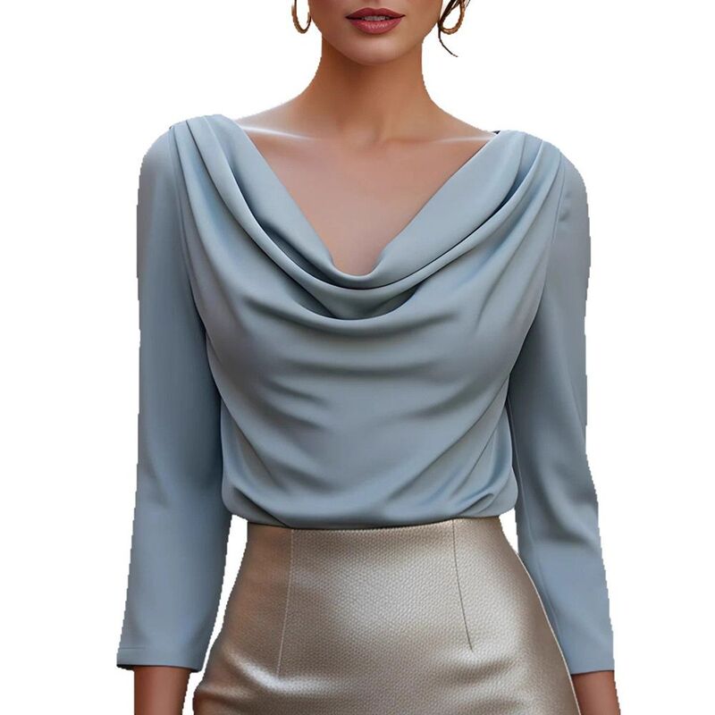ジョイジョイ レディース トップス シャツ ドレープ サテン ブラウス JoyJoy Women's Cowl Neck Satin Blouse, 3/4 Sleevelegant Drape Front Work Top,Office Business Casual Shirt Blue ブルー|ReVida 店