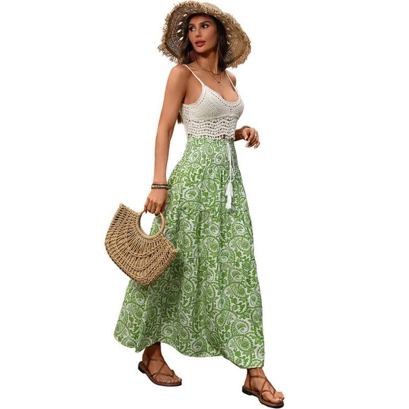イエスファッション レディース ボトムスカート プリーツ フリル Yesfashion Womens Elastic Waist Pleated Ruffle Flowy Long Boho Beach Vacation Outfitskirts Green グリーン｜ReVida 店