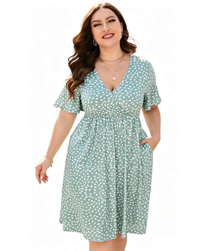 クリアラブ レディース トップス ワンピース Vネック ひざ丈 プラスサイズ プリント Clearlove Women &rsquo; s Plusize Printed V Neck Dresshort Sleeve Knee Length Dress Green Dots グリーン｜ReVida 店