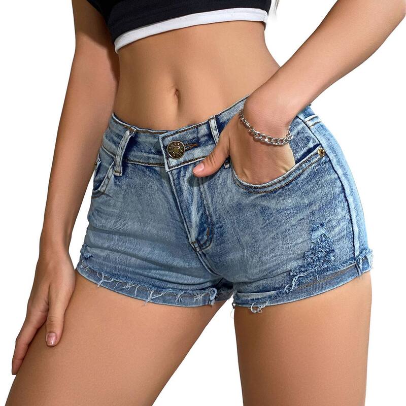 クリアフラワー レディース ボトムス ハーフパンツ・ショーツ ショートパンツ デニム ローライズ ClearFlower Women's Low-Rise Distressedenim Shorts, Rolled Cuffrayed Hem Casual Hot Pants Blue ブルー｜ReVida 店