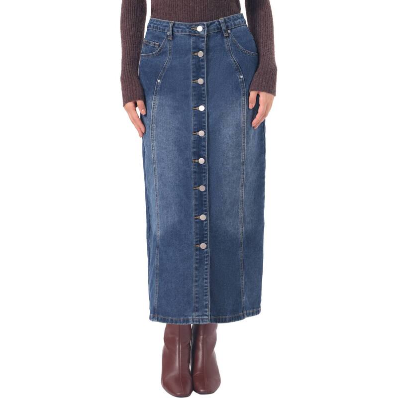 インスパイア シック レディース ボトムスカート ボタンダウン ミディ ダウン デニム INSPIRE CHIC Denim Skirt for Women Midi Length Button Down H Line Long Jean Skirts Blue ブルー|ReVida 店