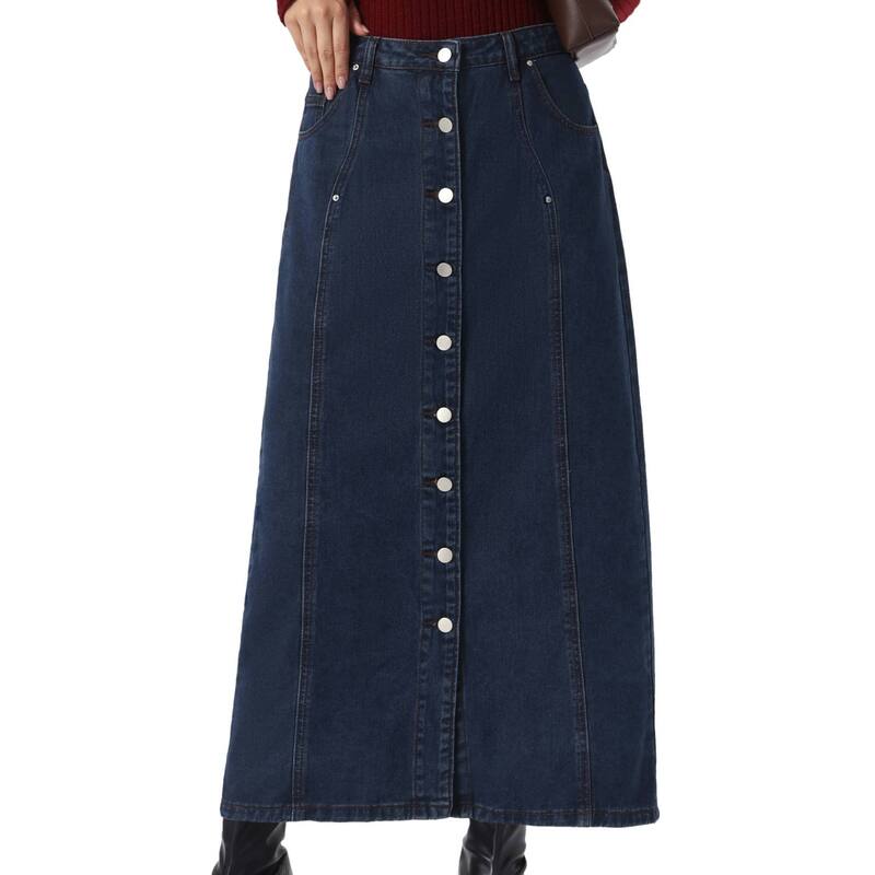 インスパイア シック レディース ボトムスカート ボタンダウン ミディ ダウン デニム INSPIRE CHIC Denim Skirt for Women Midi Length Button Down H Line Long Jean Skirts Dark Blue ブルー｜ReVida 店