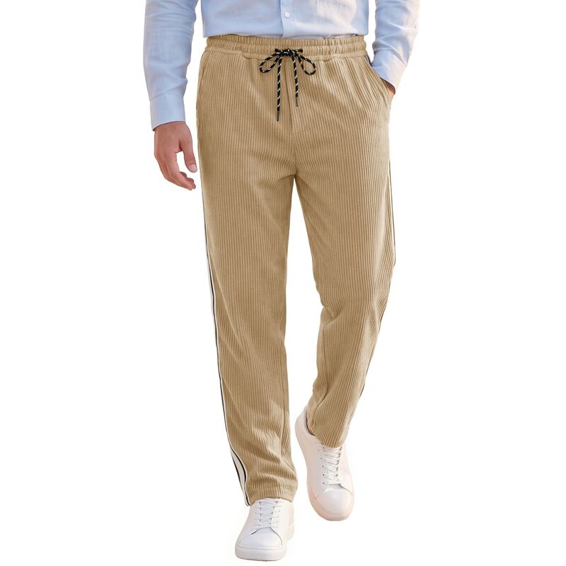 インスパイア シック メンズ ボトムス カジュアルパンツ コーデュロイ ドローコードウエスト パッチワーク INSPIRE CHIC Men's Casual Patchwork Stripe Pattern Drawstring Waist Corduroy Pants Khaki カーキ|ReVida 店