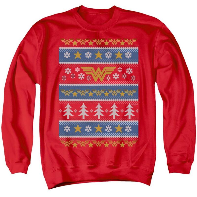 アニメキャラクター メンズ アウター ニット・セーター クルーネック スウェット シャツ Licensed Character Dcomics Wonder Woman Wonder Woman Christmasweater Adult Crewneck Sweatshirt Red レッド｜ReVida 店