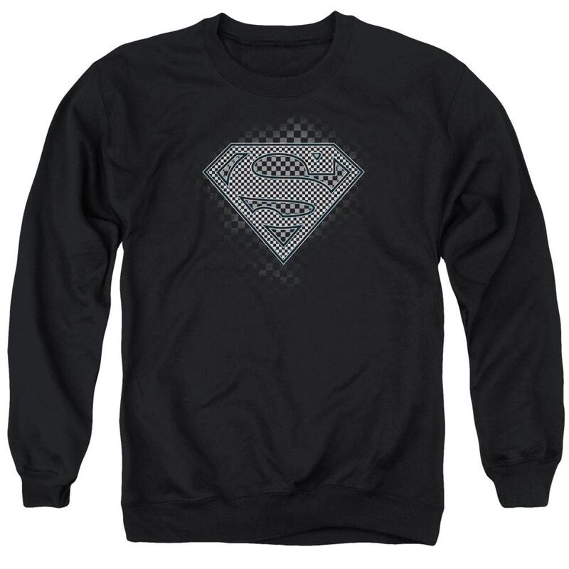 アニメキャラクター メンズ アウター ニット・セーター クルーネック スウェット シャツ Licensed Character Superman Checkerboard Adult Crewneck Sweatshirt Black ブラック｜ReVida 店