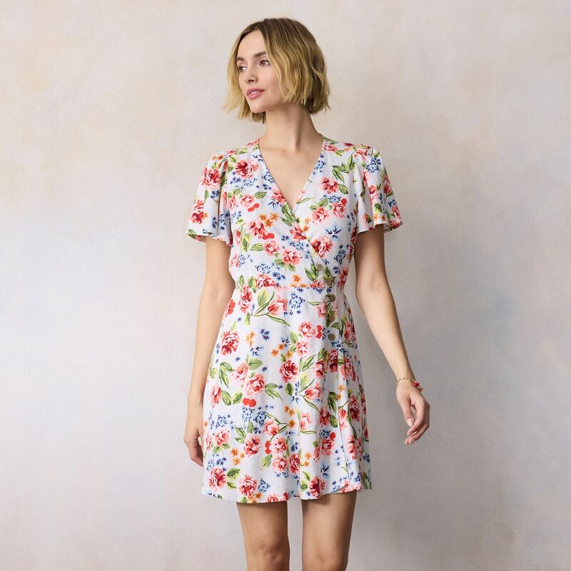 LC Lauren Conrad レディース トップス ワンピース プチ ミニ Petite LC Lauren Conrad Button Wrap Mini Dress Blue Amalfi Garden ブルー｜ReVida 店