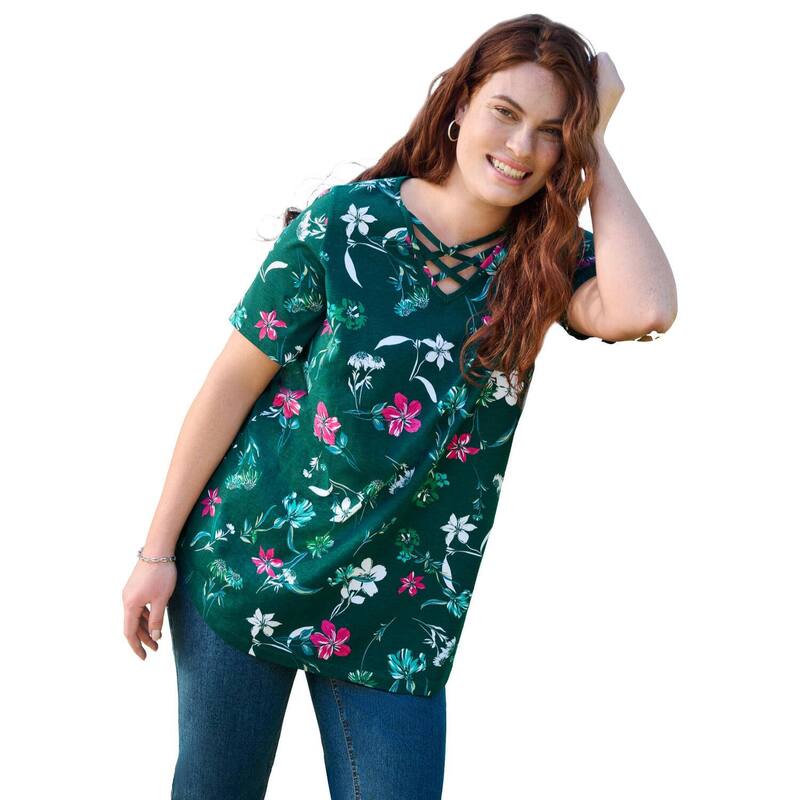ウーマン ウィズイン レディース トップス Tシャツ プラスサイズ Woman Within Plusize Criss Cross Teemerald Green Petal グリーン｜ReVida 店