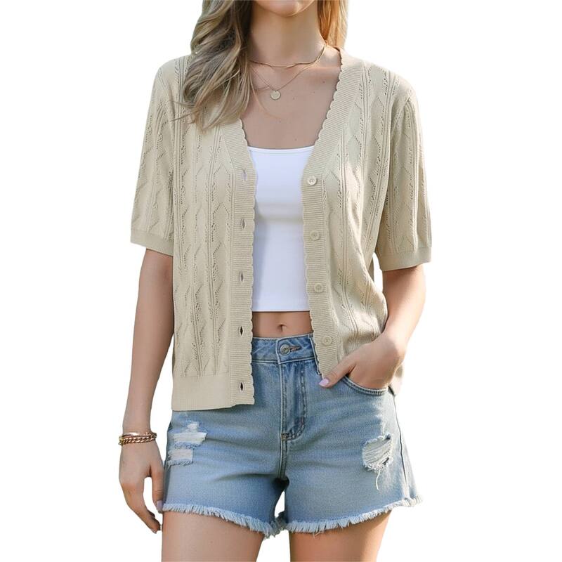 インスパイア シック レディース アウター ニット・セーター カーディガン クロップド INSPIRE CHICrochet Cardigan for Women'short Sleeve Open Front Cropped Hollow Out Summer Shrug for Dress Beige ベージュ｜ReVida 店