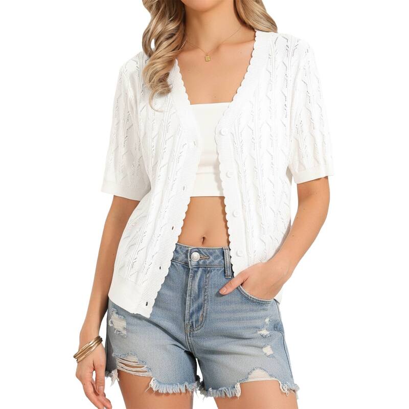 インスパイア シック レディース アウター ニット・セーター カーディガン クロップド INSPIRE CHICrochet Cardigan for Women'short Sleeve Open Front Cropped Hollow Out Summer Shrug for Dress White ホワイト|ReVida 店