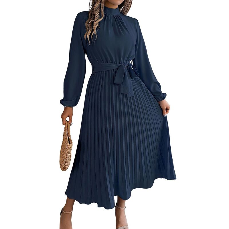 セオリア レディース トップス ワンピース A ライン プリーツ Seoria Women Pleatedress Long Sleeve Stand Up Collar A-Line Flowing Dress With Belt Navy Blue ネイビー｜ReVida 店