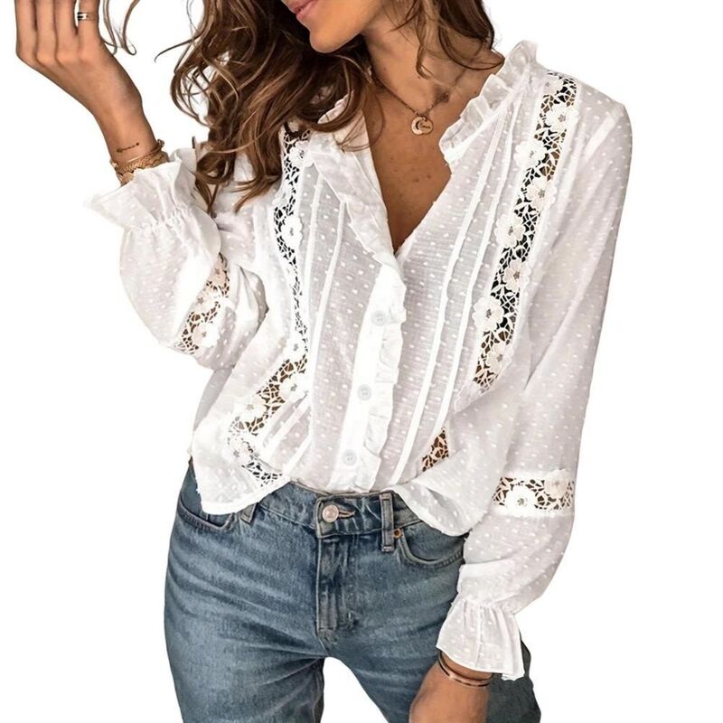 イエスファッション レディース トップス シャツ Vネック ボタンダウン フリル ダウン ブラウス レース Yesfashion Women's Boho Blouse V Neck Ruffled Trim Lacembroidery Long Sleeve Casual Button Down Shirt White ホワイト|ReVida 店