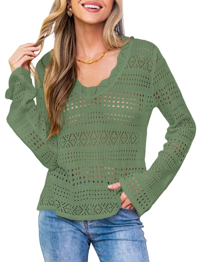 ファンジュライ レディース アウター ニット・セーター FUNJULY Women's Long Sleeve Casual Knit Crochet Hollow Out Pullover Lightweight Sweater Green グリーン|ReVida 店