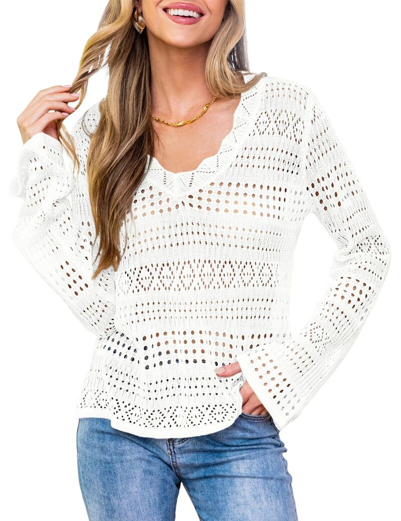 ファンジュライ レディース アウター ニット・セーター FUNJULY Women's Long Sleeve Casual Knit Crochet Hollow Out Pullover Lightweight Sweater White ホワイト｜ReVida 店