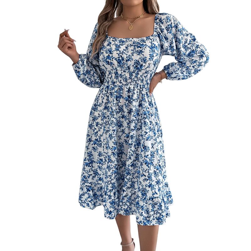 セオリア レディース トップス ワンピース フラワー柄 プリント フリル マキシ フラワー Seoria Women'sqaure Neck Casual Floral Dress Long Sleeve Printed Maxi Dress Ruffle Shir red Flowy Dress Blue ブルー|ReVida 店