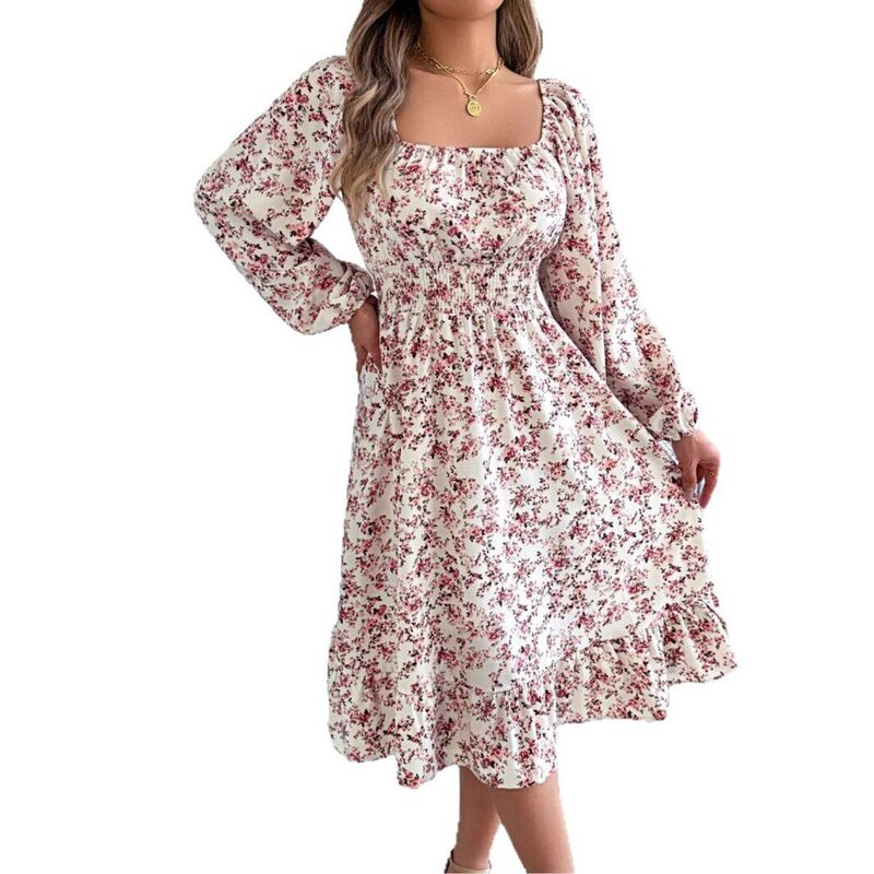 セオリア レディース トップス ワンピース フラワー柄 プリント フリル マキシ フラワー Seoria Women\'sqaure Neck Casual Floral Dress Long Sleeve Printed Maxi Dress Ruffle Shir red Flowy Dress White ホワイト｜ReVida 店