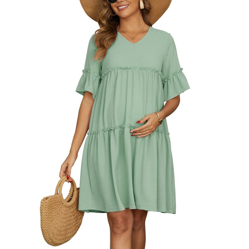 インスパイア シック レディース トップス ワンピース Vネック ティアード フリル マタニティ INSPIRE CHIC Women's Maternity Dress Babydoll Bohemian Tie red Ruffled Bell Sleeve V Neck Boho Pregnancy Dresses Green グリーン｜ReVida 店