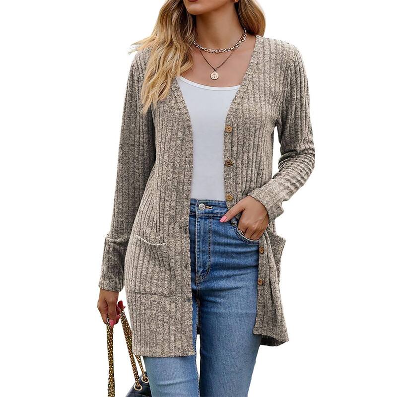セオリア レディース アウター ニット・セーター ボタンダウン カーディガン コート ダウン Seoria Women's Knit Cardigan Button Down Lightweight Outerwear Coat Khaki カーキ｜ReVida 店 9,346円