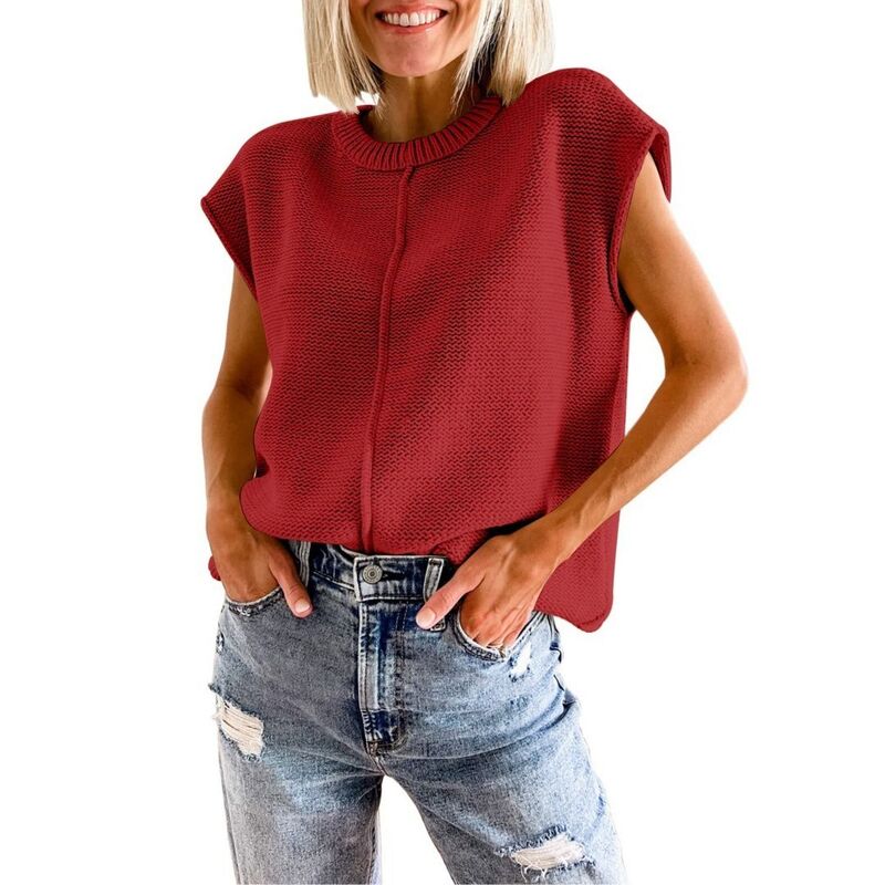 ボディサイズ レディース アウター ニット・セーター クルーネック ベスト ノースリーブ キャップ BODDYSIZE Women Casual Cap Sleeve Sweater Vest Crew Neck Sleeveless Knitank Top Lightweight Pullover Sweate red レッド｜ReVida 店