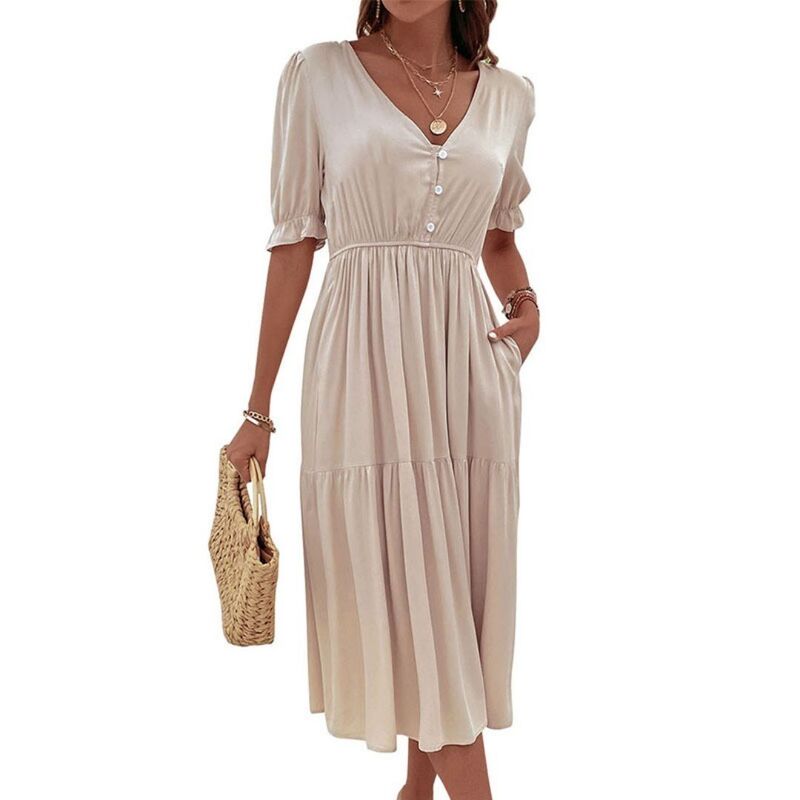 イエスファッション レディース トップス ワンピース Vネック ティアード A ライン ミディ Yesfashion Women'summer Casual Puff Short Sleeve V Neck Midi Dresses A-line Tie red Solid Color Dress Apricot アプリコット｜ReVida 店