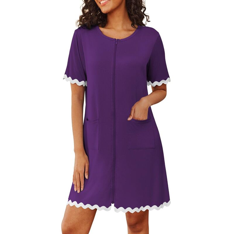エコアー レディース アンダーウェア ナイトウェア ひざ丈 コート Ekouaer Women Zip Up Robe Lightweight Housecoats with Pockets Knee Length Short Bathrobesoft Purple パープル｜ReVida 店