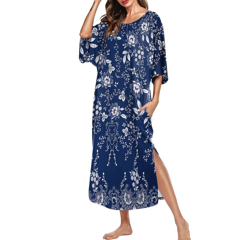 エコアー レディース アンダーウェア ナイトウェア シャツ マキシ Ekouaer Women's Nightgown Short Sleeve Sleepshirt Long Loungewear Casual Maxi Lounge Dress House Flower Navy ネイビー｜ReVida 店