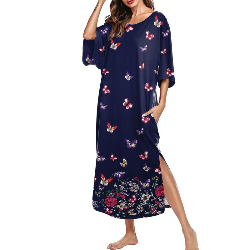 エコアー レディース アンダーウェア ナイトウェア シャツ マキシ Ekouaer Women's Nightgown Short Sleeve Sleepshirt Long Loungewear Casual Maxi Lounge Dress House Navy Blue Gray グレー｜ReVida 店