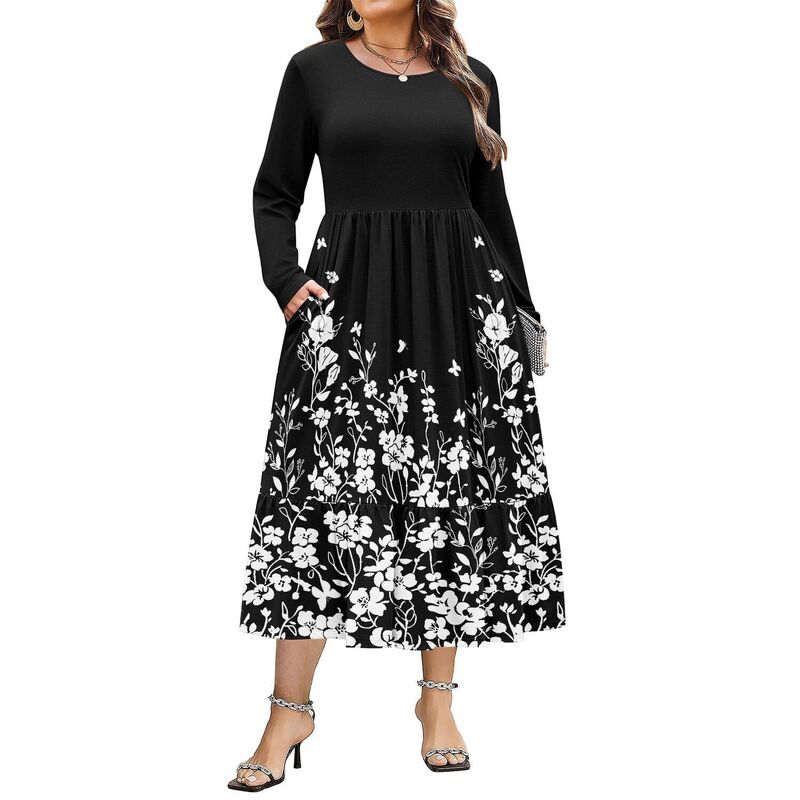 ジーグー レディース トップス ワンピース クルーネック A ライン フラワー柄 プラスサイズ プリント マキシ フラワー Zeagoo Plusize Womens Floral Print Boho Dress Long Sleeve Crew Neck A-Line Flowy Maxi Dresses Black Floral ブラック|ReVida 店