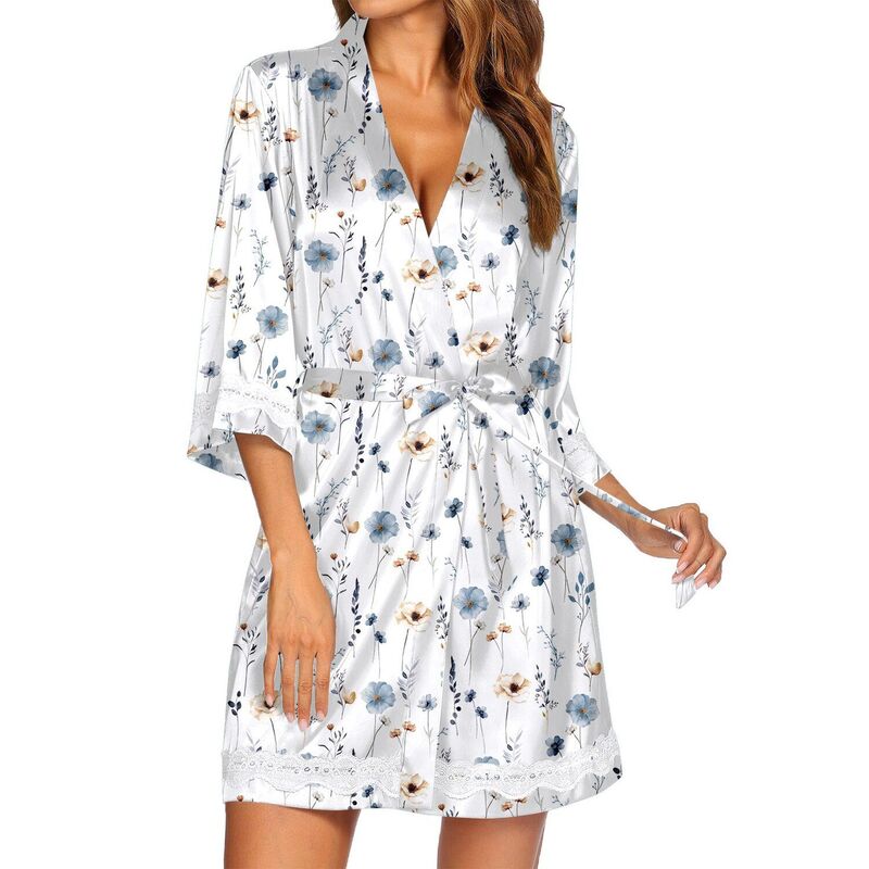 エコアー レディース アンダーウェア ナイトウェア Vネック サテン シルク レース Ekouaer Women's Lace-Trim Silk Robes Bridesmaid Kimono Satin Bathrobe V Neck Sleepwear White Flower ホワイト｜ReVida 店