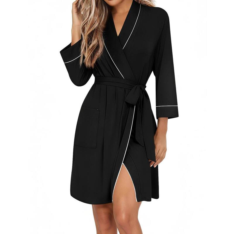 エコアー レディース アンダーウェア ナイトウェア ニット Ekouaer Women Robeshawl Collar Bathrobe Short Kimono Robe Soft Knit Bathrobes Ladiesleepwear Black ブラック｜ReVida 店