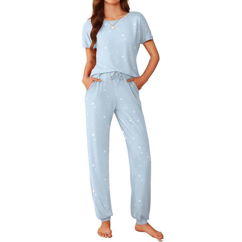 エコアー レディース アンダーウェア ナイトウェア Ekouaer Womens Pajama Setshort Sleeve Lounge Sets for Women Jogger Pajama Set 2 Piece Pj Sets Blue Star ブルー｜ReVida 店