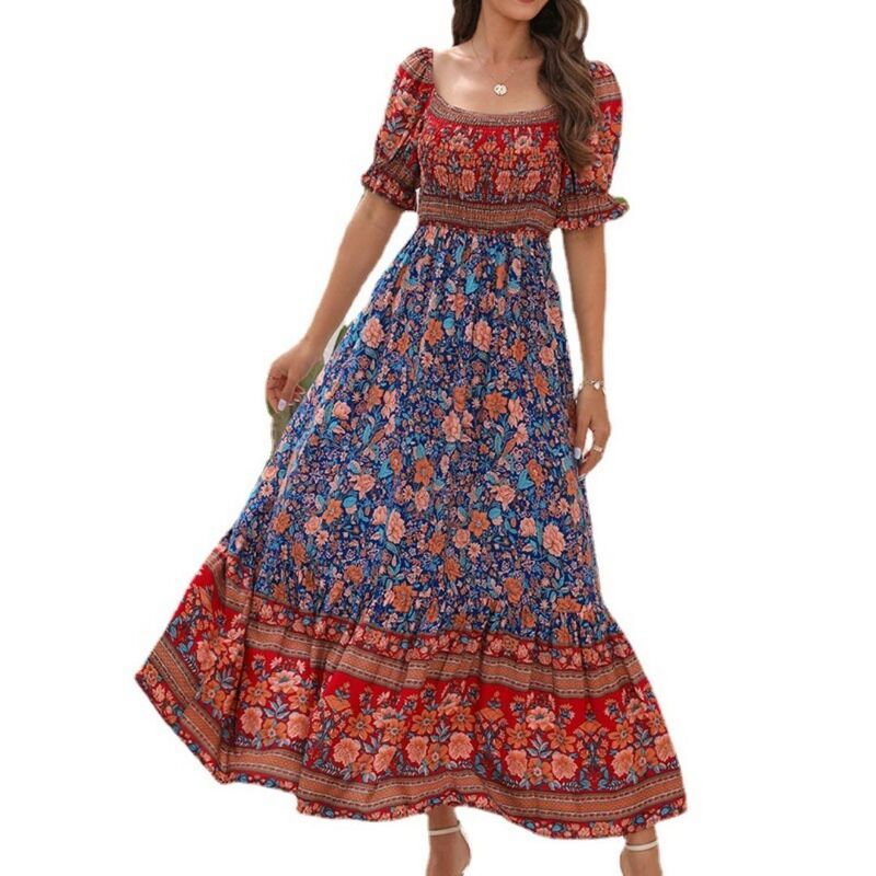 イエスファッション レディース トップス ワンピース ティアード フラワー柄 プリント マキシ フラワー Yesfashion Women\'short Sleeves Boho Floral Printie red Maxi Dress Blue ブルー｜ReVida 店