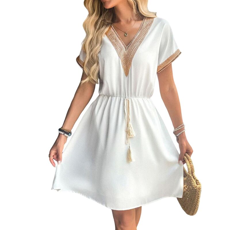 セオリア レディース トップス ワンピース Vネック A ライン レーストリム レース Seoria Womenshort Sleeve Dress V Neck Lace Trim Tassel Tie Waist A Line Dress Casual Beach Vacation Dress White ホワイト|ReVida 店