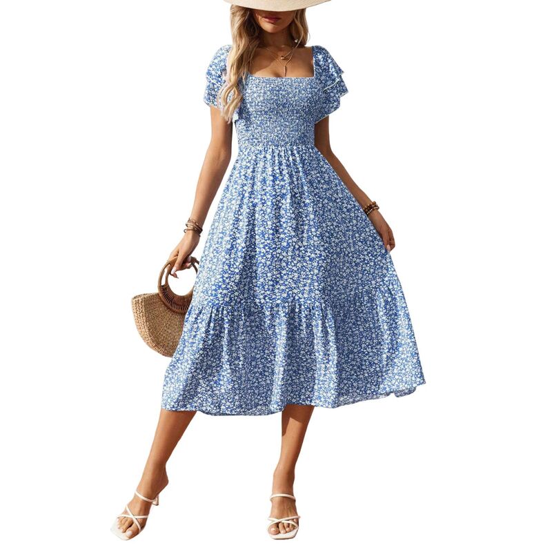 コジョイン レディース トップス ワンピース フラワー柄 ミディ オフショルダー シャーリング フラワー Kojooin Women\'s Off-Shoulder Floral Smocked Midi Dress, Short Puff Sleeve High Low Hem Dress Blue ブルー|ReVida 店