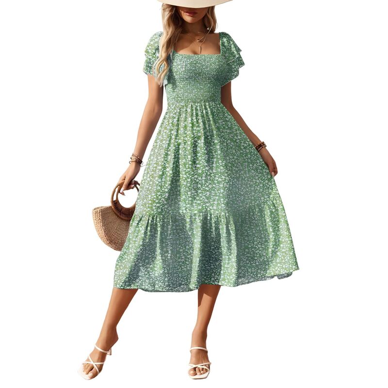 コジョイン レディース トップス ワンピース フラワー柄 ミディ オフショルダー シャーリング フラワー Kojooin Women\'s Off-Shoulder Floral Smocked Midi Dress, Short Puff Sleeve High Low Hem Dress Green グリーン|ReVida 店