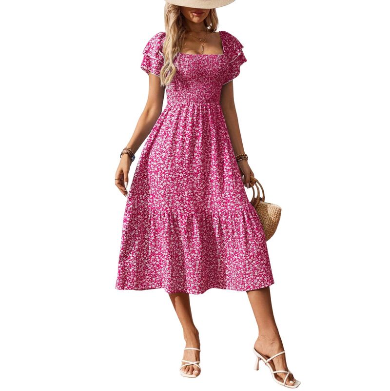 コジョイン レディース トップス ワンピース フラワー柄 ミディ オフショルダー シャーリング フラワー Kojooin Women\'s Off-Shoulder Floral Smocked Midi Dress, Short Puff Sleeve High Low Hem Dress Pink ピンク|ReVida 店