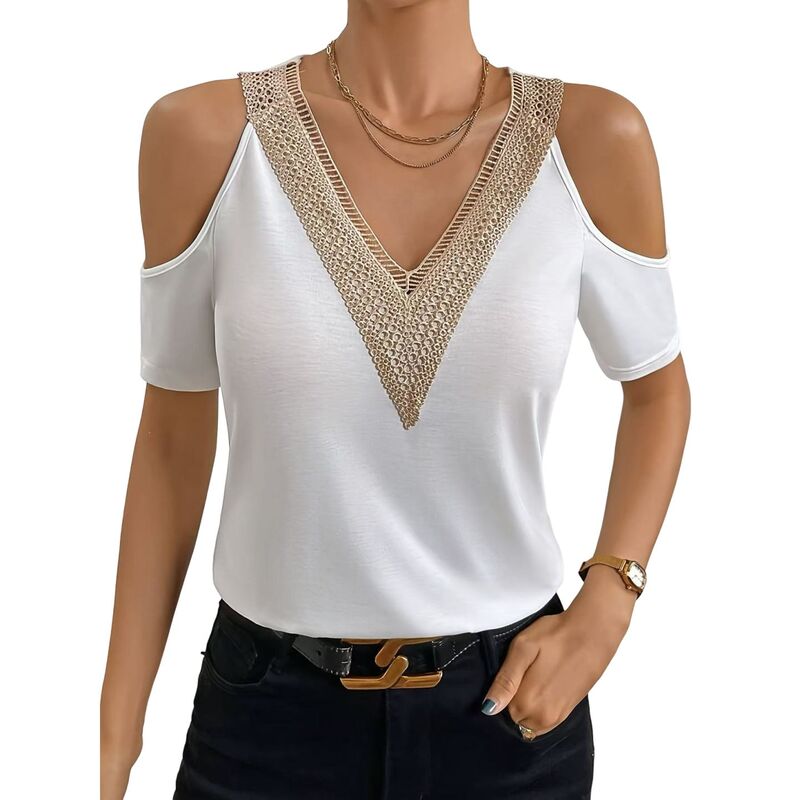 コジョイン レディース トップス シャツ Vネック レース Kojooin Women's Cold Shoulder T-Shirt, Lace V-Neck Short Sleeve Casual Top White ホワイト|ReVida 店