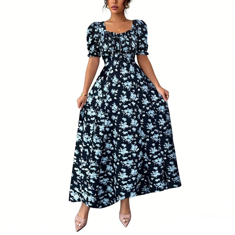コジョイン レディース トップス ワンピース A ライン フラワー柄 マキシ フラワー Kojooin Women's A-Line Floral Maxi Dress, Square Neck with Drawstring & Puff Sleeves Blue ブルー｜ReVida 店
