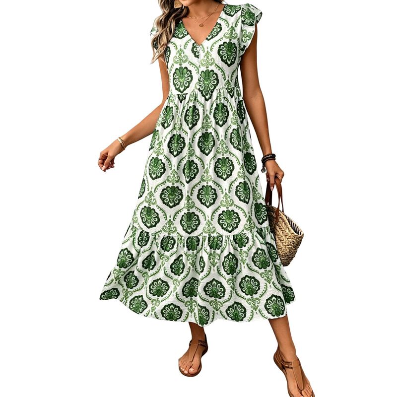 コジョイン レディース トップス ワンピース Vネック ティアード プリント フリル ミディ Kojooin Women ’ s V Neck Printed Ruffle Sleeve Midi Dress Casualoose Fitieredress Green グリーン|ReVida 店