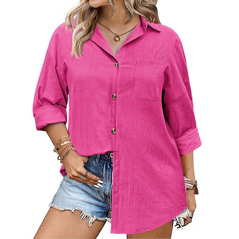 ジーグー レディース トップス シャツ コットン ブラウス リネン Zeagoo Womens Linen Button Up Shirts Long Sleeve Cotton Casual Colla red Shirt Loose Blouses Tops Rose Red レッド|ReVida 店