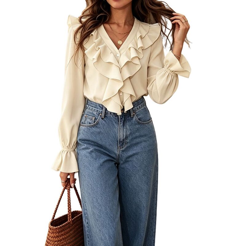 クリアフラワー レディース トップス シャツ ティアード フリル ブラウス ClearFlower Womens V Neckline Long Sleeve Top Flounce Cuff Tie red Ruffle Blouse Beige ベージュ｜ReVida 店 9,865円