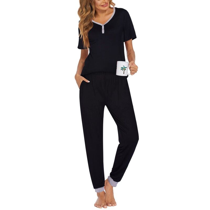 エコアー レディース アンダーウェア ナイトウェア パンツ ジョガーパンツ Ekouaer Pajamas for Women Set 2 Piece Lightweight Lounge Setshort Sleeve Tops Joggers Long Pants Black ブラック|ReVida 店