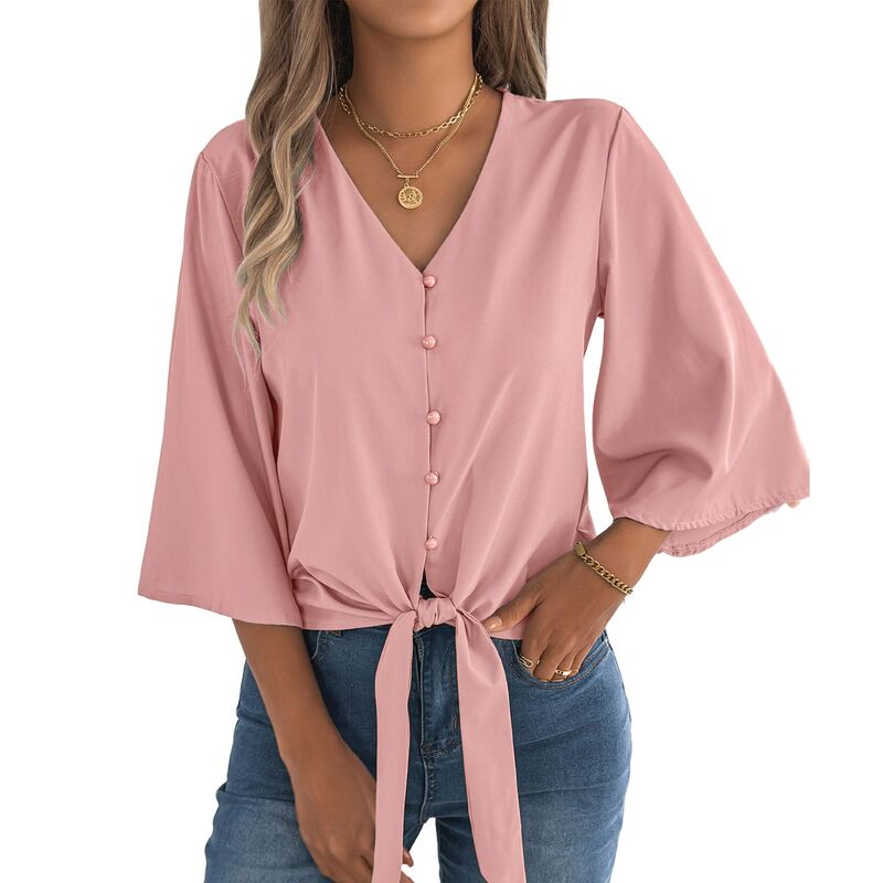 クリアフラワー レディース トップス シャツ Vネック シフォン ボタンダウン ブラウス ClearFlower Women's V Neck Button Down Tie Knot Chiffon Shirt 3/4 Long Sleeve Top Summer Casualoose Fit Blouse Pink ピンク｜ReVida 店