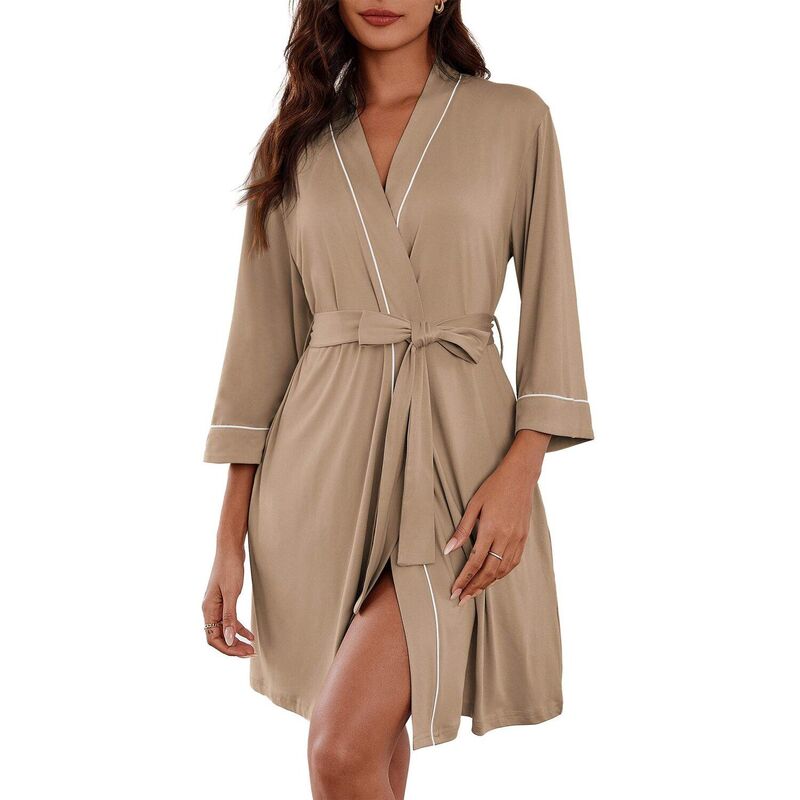 エコアー レディース アンダーウェア ナイトウェア Vネック ひざ丈 ニット Ekouaer Womens Robes Knee Length Knit Kimono Bathrobe Three Quarter Sleeve Sleepwear V neck Ladies Khaki カーキ｜ReVida 店