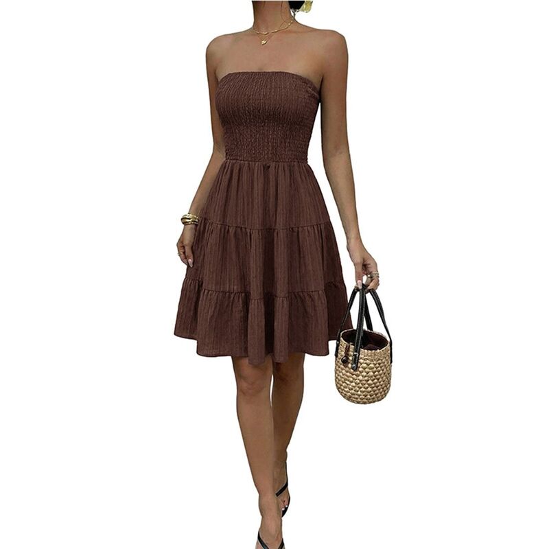 クリアフラワー レディース トップス ワンピース ティアード A ライン ミニ ストラップレス シャーリング ClearFlower Women'strapless Tube Tieredressmocked Waist A-Line Casual Mini Dress Brown ブラウン｜ReVida 店