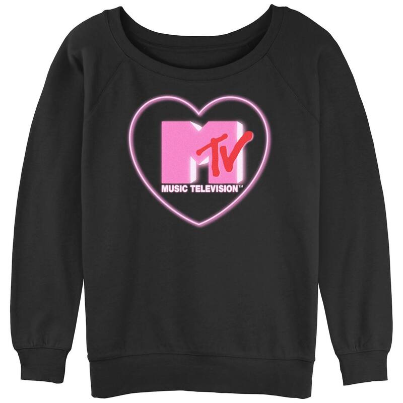 アニメキャラクター レディース トップス Tシャツ スウェット グラフィック Licensed Character Juniors' MTV Pink Neon Light Heart Slouchy Graphic Sweatshirt Black ブラック｜ReVida 店